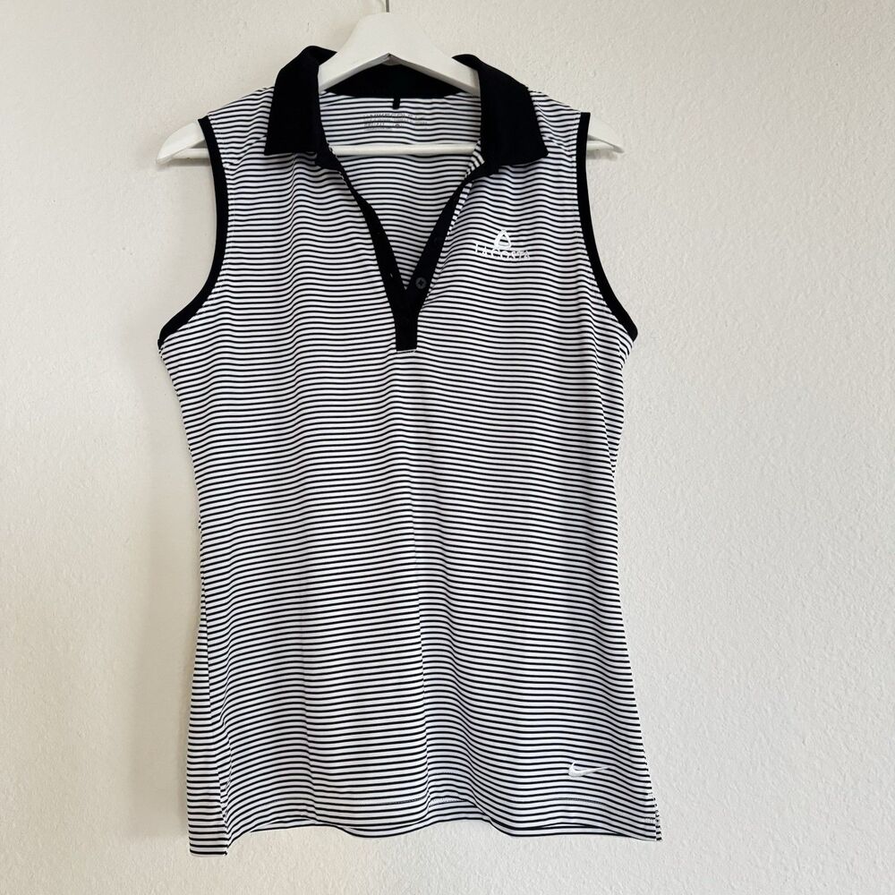 Nike Golf Women's Dri-Fit LaCosta Sleeveless Stripe Polo Shirt Black White Sz L